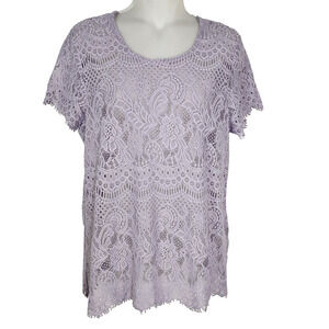 Maurices Top Women’s Large Purple Lace Short Sleeve Split Tail Sheer Scalloped